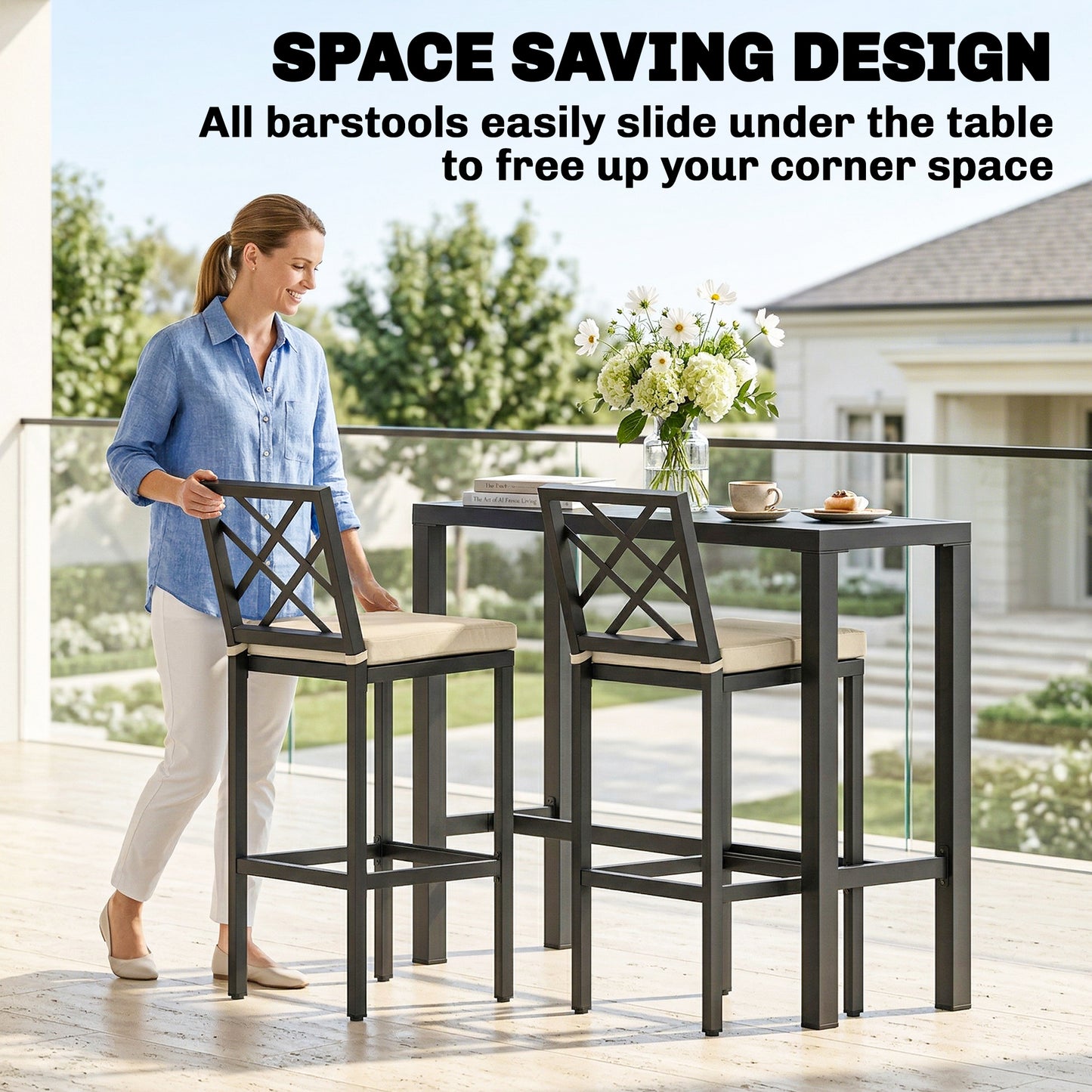 3 Piece Patio Bar Set, Outdoor Bar Table and Stools, Electrophoresis Steel Tabletop, X Back, Footrest, Cushions, Khaki