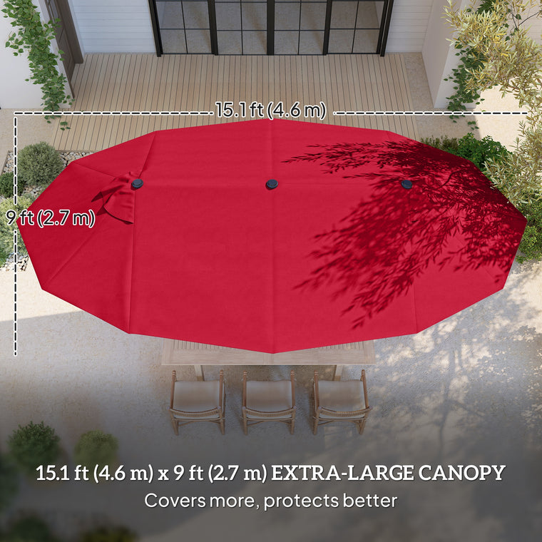 15' Wine Red Steel Table Umbrella with Twin Canopy & Lift Crank