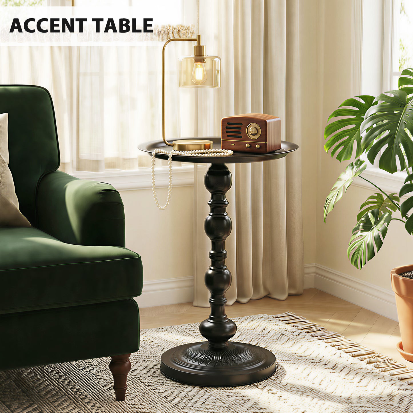 15.4" Round Outdoor Side Table, Tray Top Metal Patio Table with Retro Column Base for Indoor, Balcony, Garden, Black