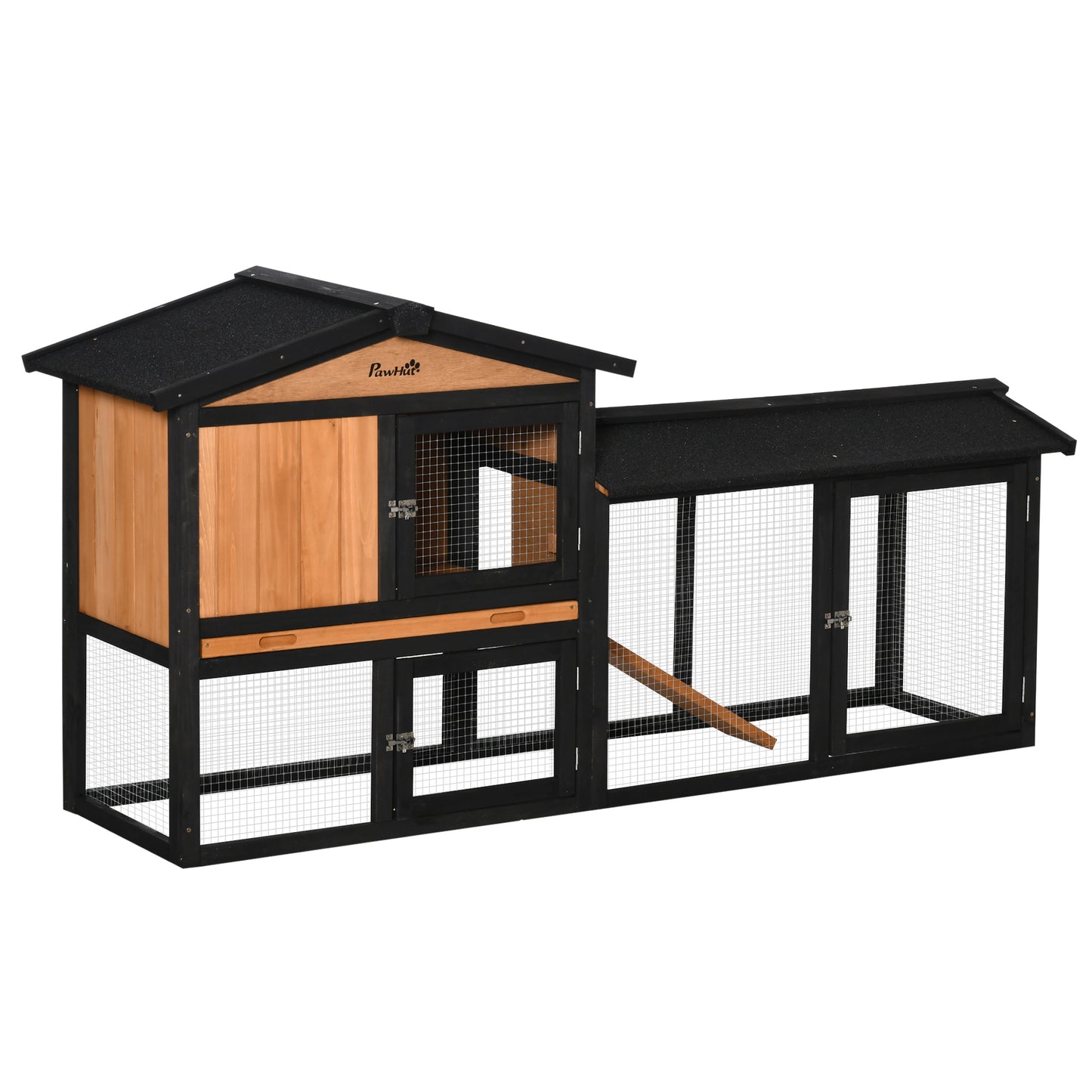 69" Black Wooden Rabbit Hutch with Run & Ramp