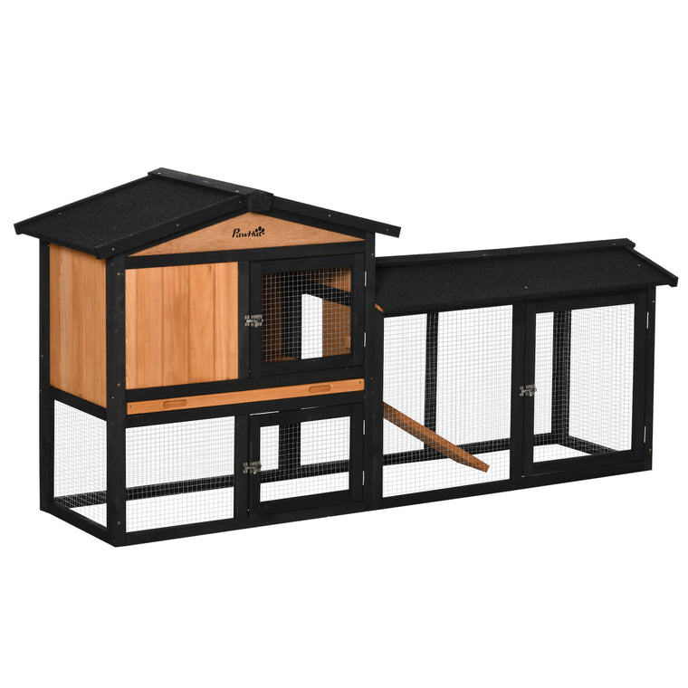 69" Black Wooden Rabbit Hutch with Run & Ramp