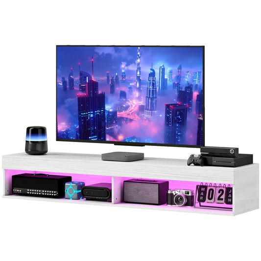 Wall-Mounted TV Stand with LED Lights and Storage - White