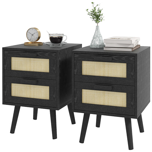 Boho Nightstands Set of 2 with 2 Drawers - Black