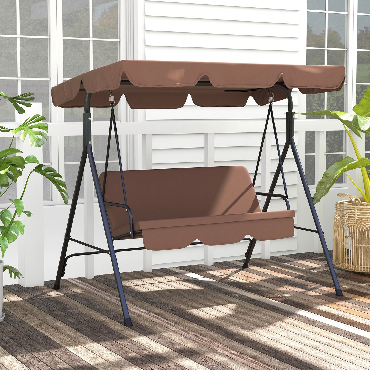 3-Seater Outdoor Porch Swing with Adjustable Canopy, Patio Swing Chair for Garden, Poolside, Backyard, Red