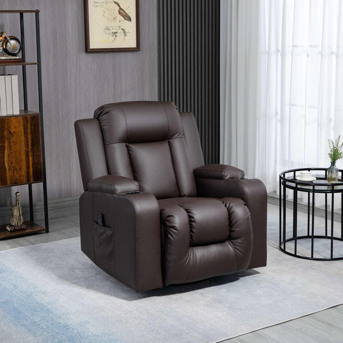 Swivel Massage Recliner Chair Rocker, Overstuffed Manual Reclining Sofa, PU Leather Rocking Chair with Side Pockets, Cup Holders, for Living Room, Nursery, Brown