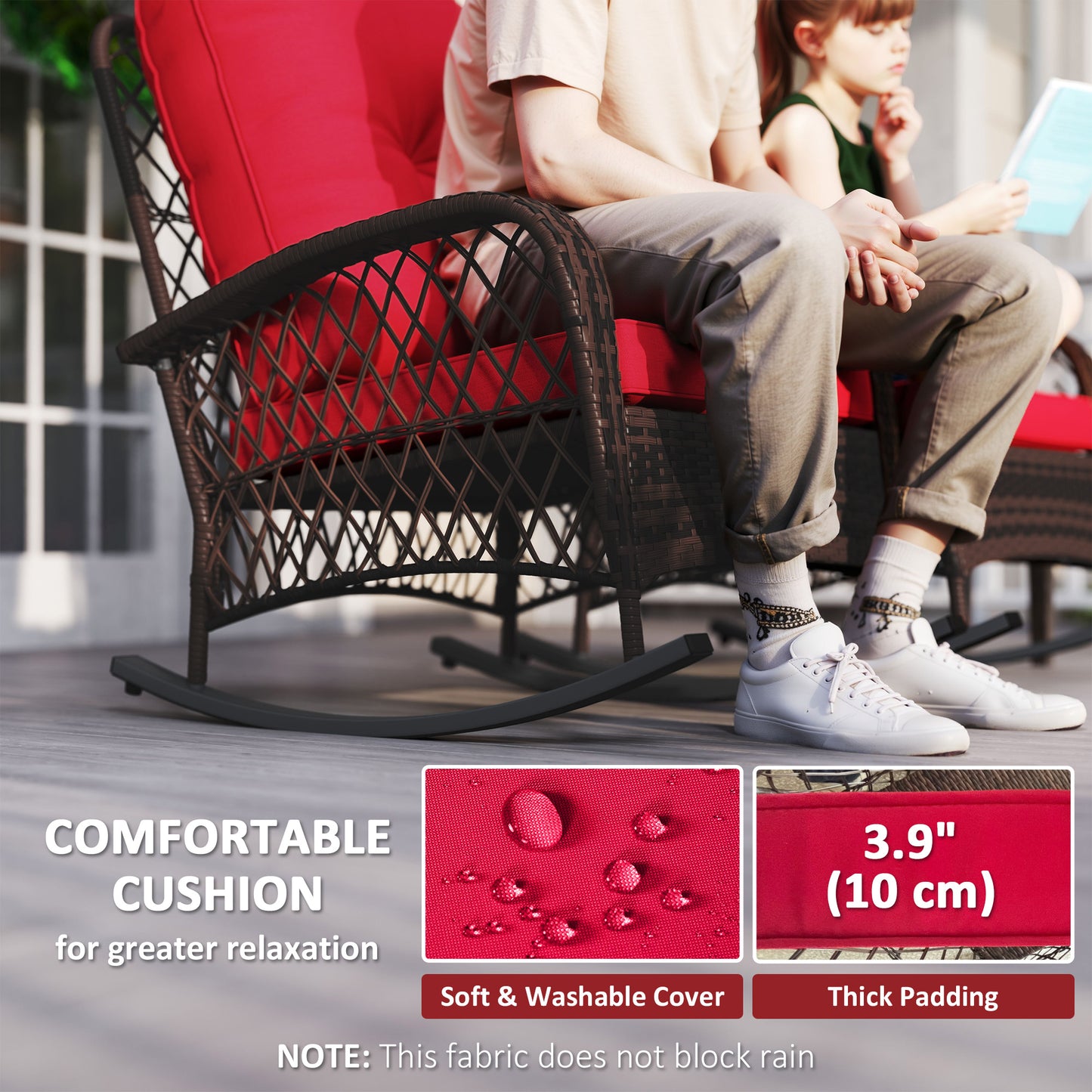 Outdoor Wicker Rattan Rocking Chair Set of 2, Patio Rocker with Thick Cushions for Garden Backyard Porch, Red
