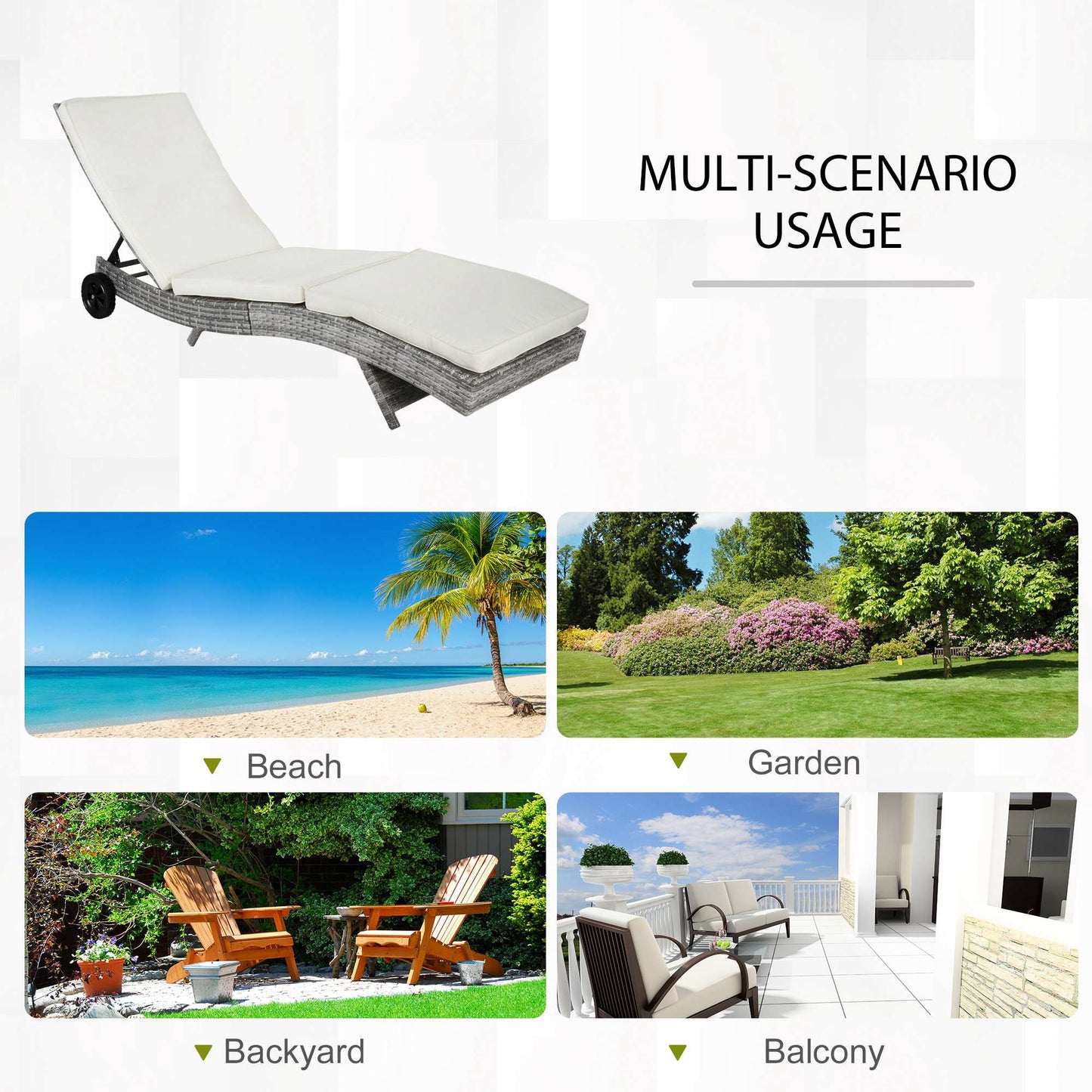 Outdoor Adjustable Wicker Chaise Lounge Chair with Cushion & Wheels for Patio, Deck, Poolside, Cream White