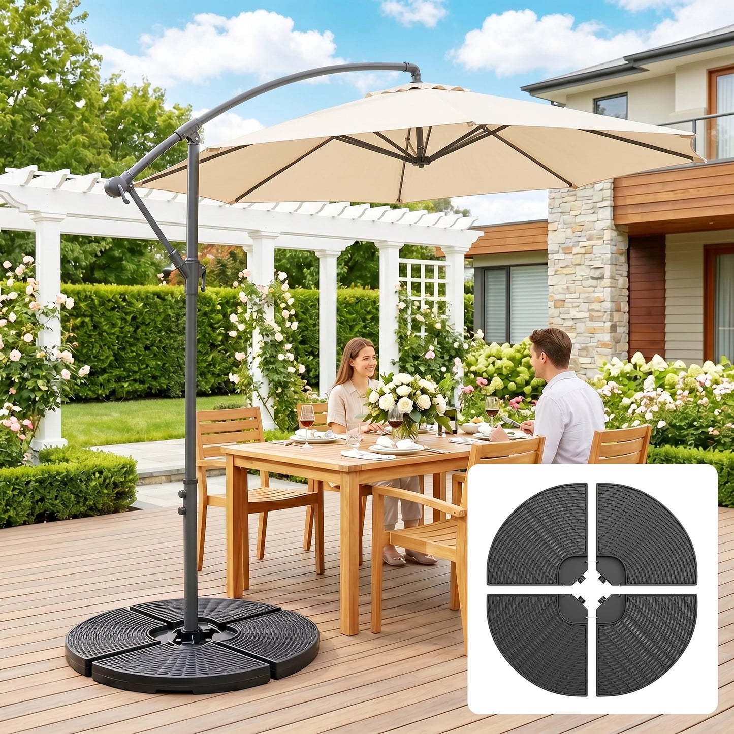 4PCs Cantilever Umbrella Base Weights for Offset Banana Parasol, Wicker Effect HDPE Water or Sand Filled Patio Umbrella Weights with Built-in Handles, Black