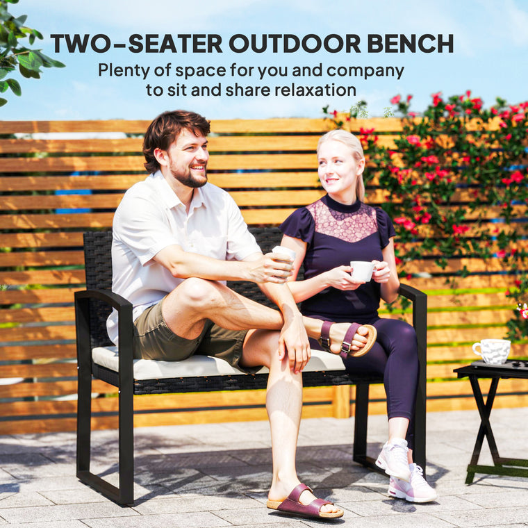 2-Seater Rattan Garden Bench with Cushion & Armrests