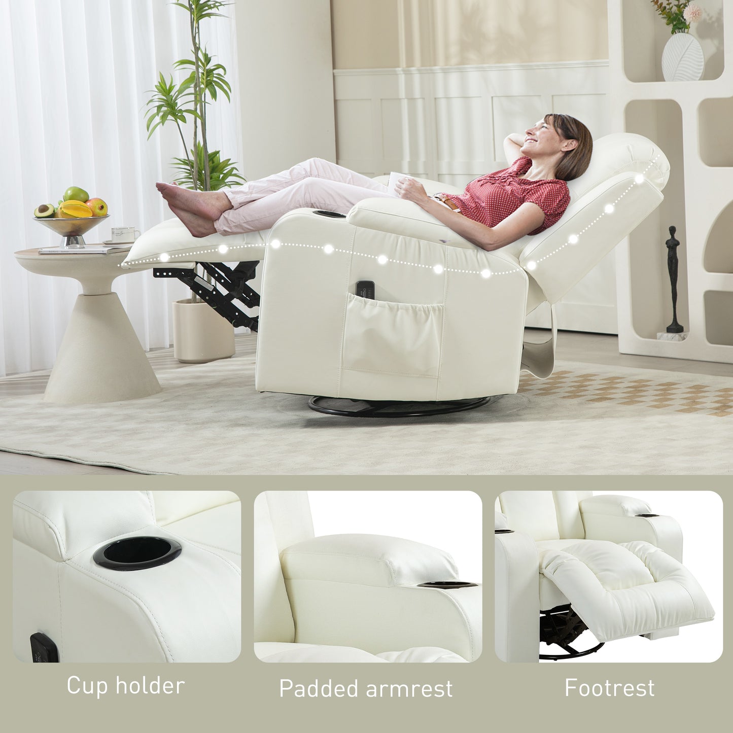 Swivel Massage Recliner Sofa, Overstuffed Manual Reclining Sofa, PU Leather Rocking Chair with Side Pockets, Cup Holders, for Living Room, Nursery, Cream White