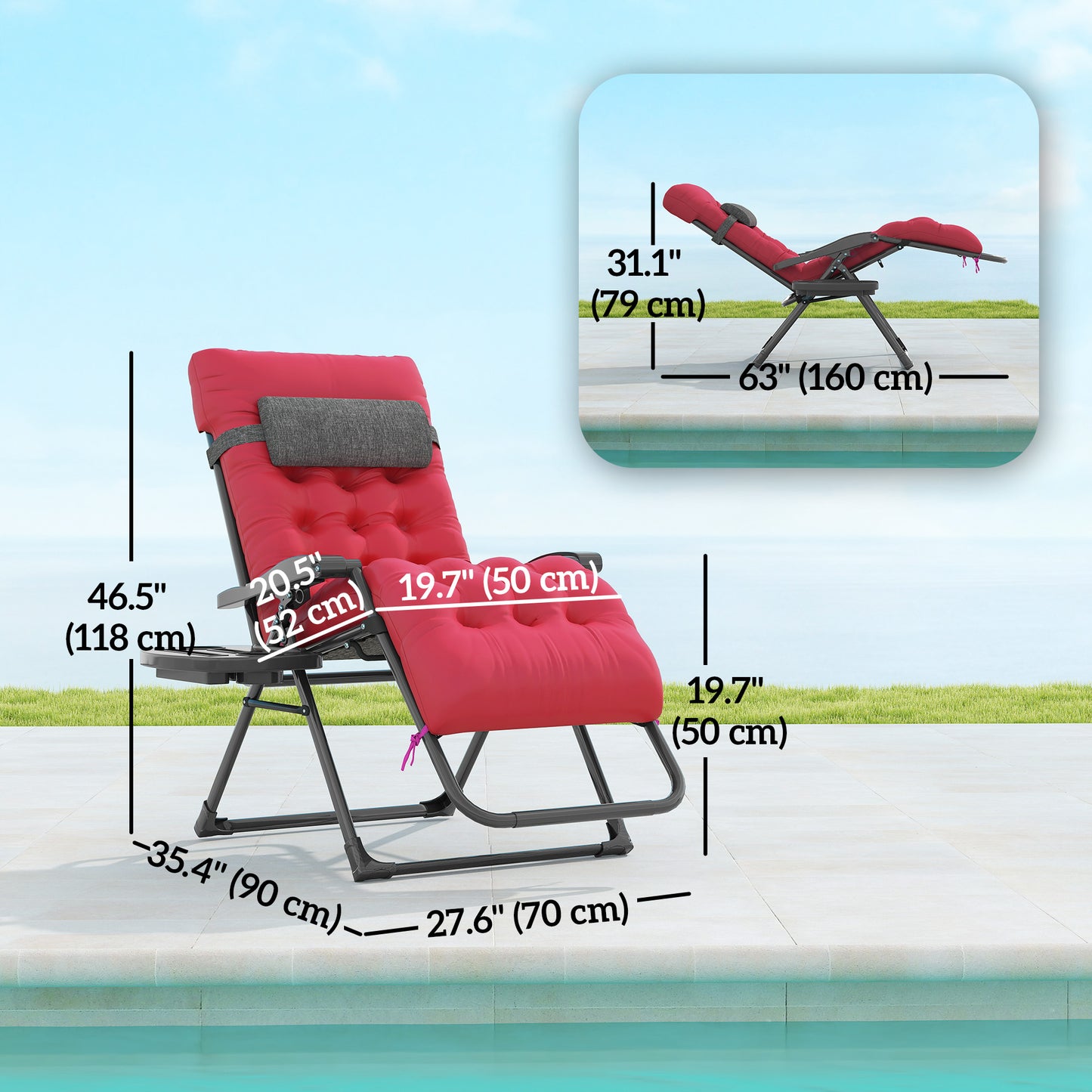 Padded Zero Gravity Chair, Folding Recliner Chair, Patio Lounger with Cup Holder, Adjustable Backrest, Removable Cushion for Outdoor, Deck, Poolside, Red