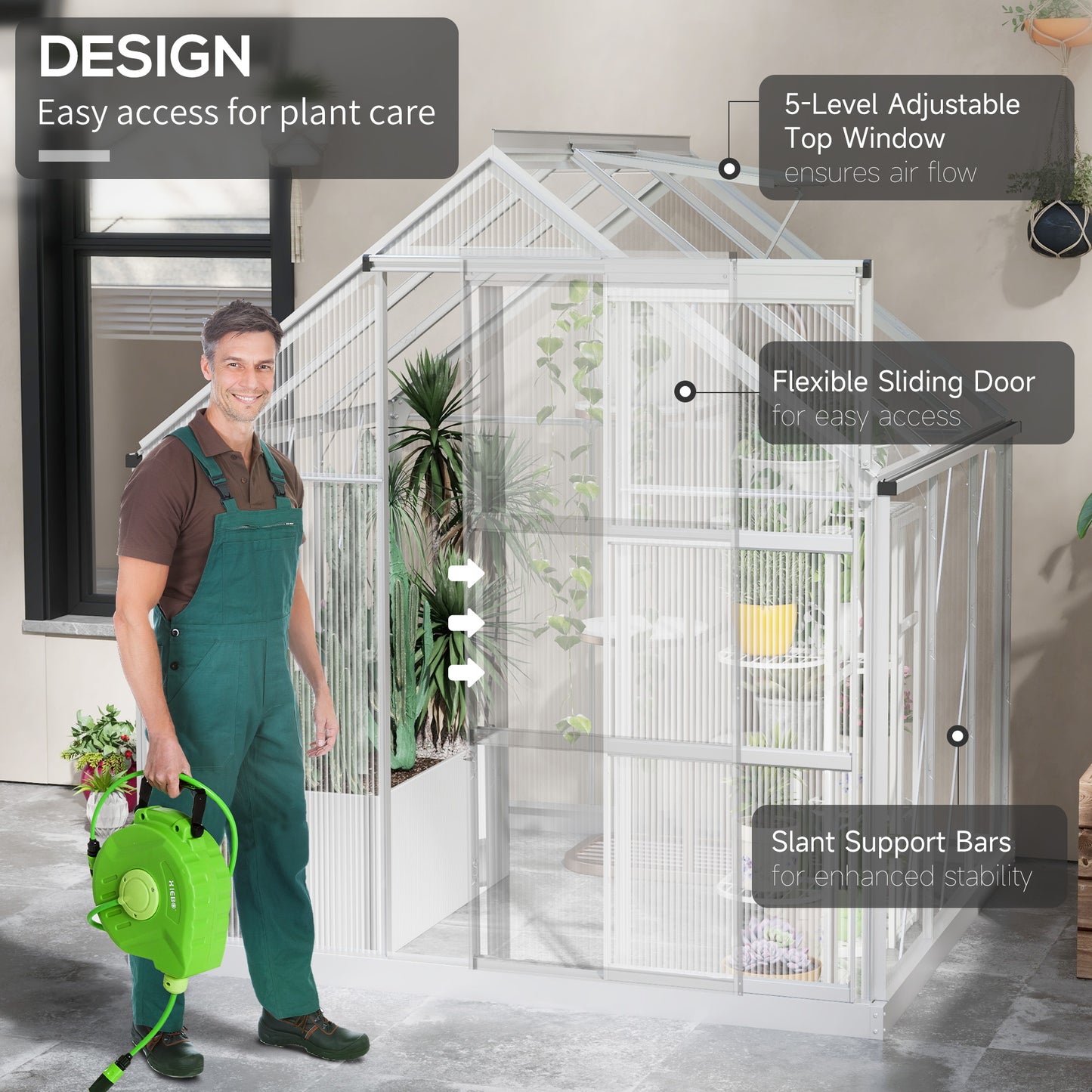 Walk-In Greenhouse, Polycarbonate Greenhouse with Sliding Door, Window, Aluminium Frame, Foundation, Silver