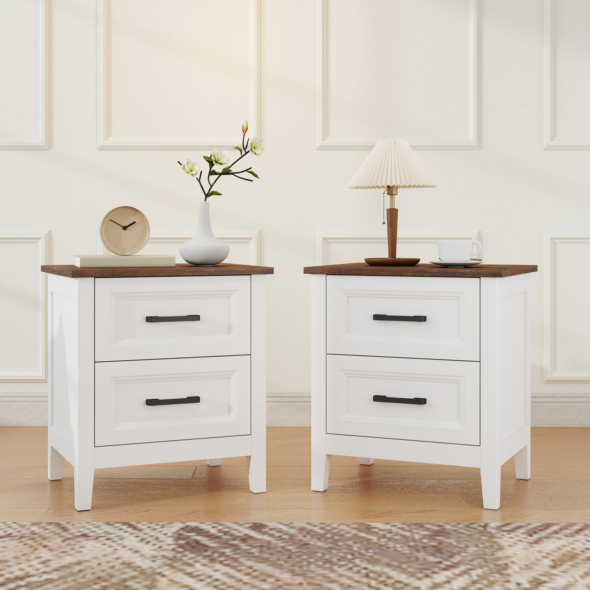 Farmhouse Nightstand Set of 2, Bedside Tables with 2 Drawers, Wood-Effect Top, White