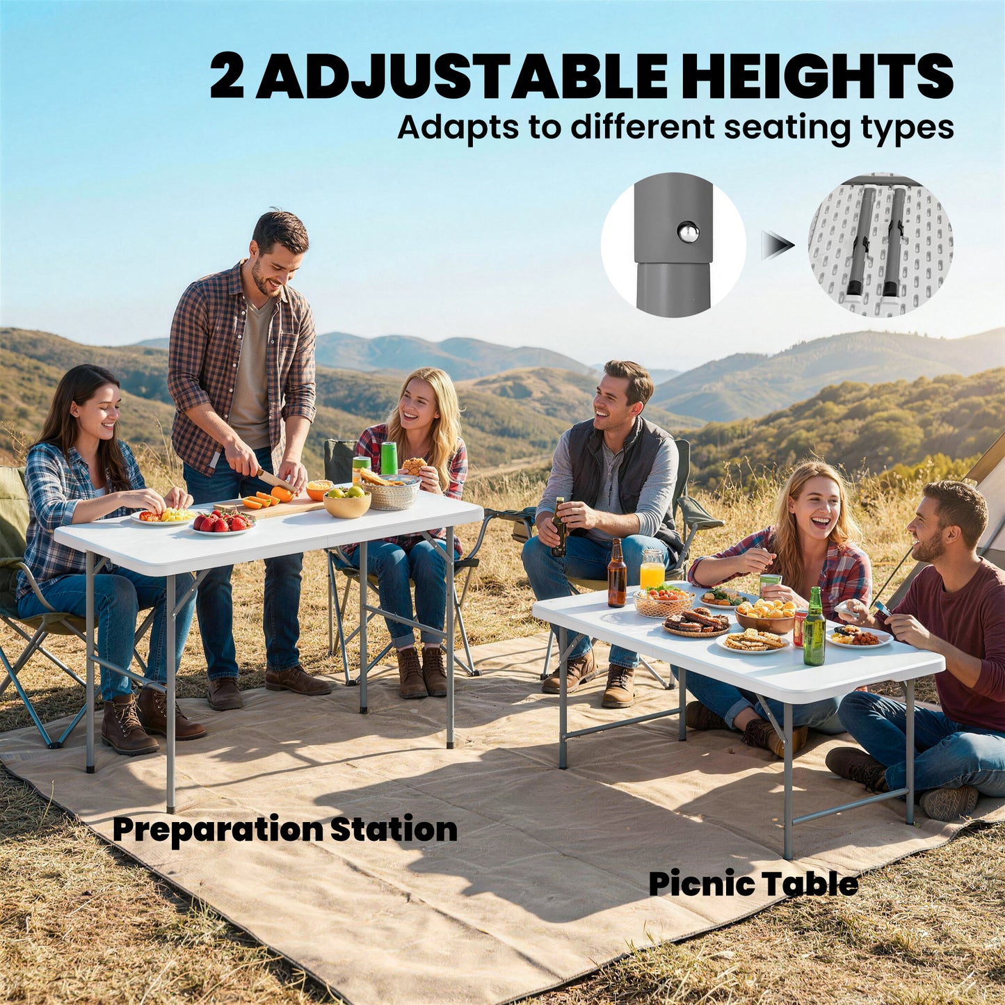 47" x 24" Folding Camping Table, Picnic Table with 2 Adjustable Heights and Carrying Handle, Indoor Outdoor Use, White
