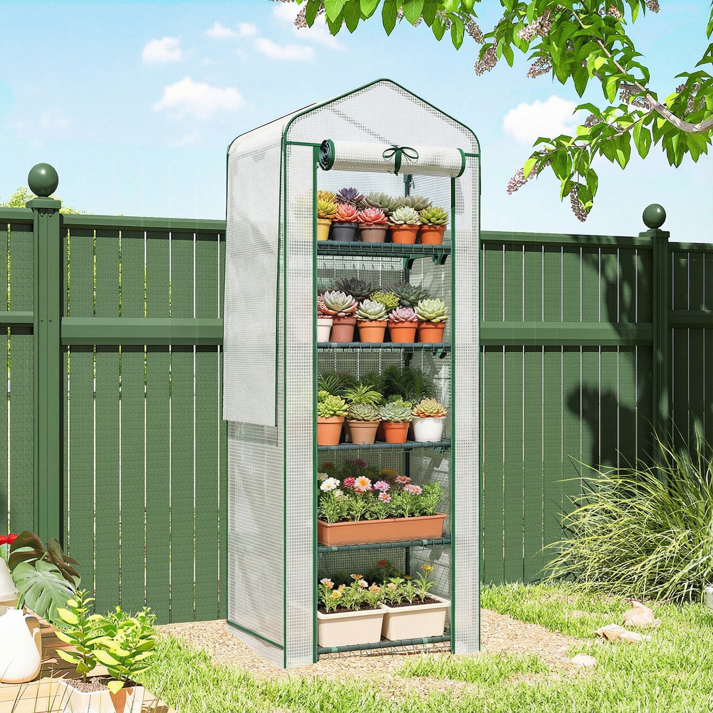 Mini Greenhouse with Screen Roof, Portable Small Greenhouse with Roll-Up Zipper Door