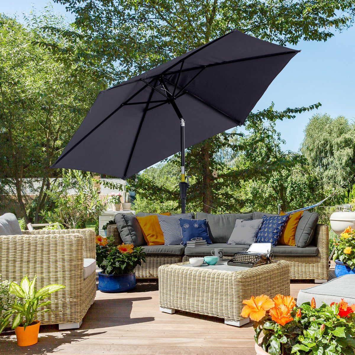 8.5FT Grey Round Garden Parasol with 6 Ribs & Crank Handle