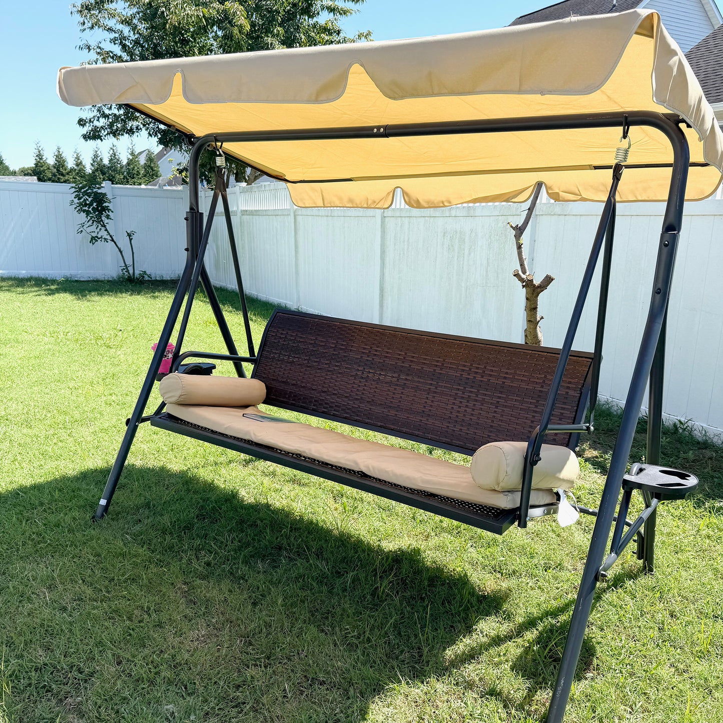 Outdoor 3-Seat Porch Swing with Canopy, Rattan Seat, Removable Cushion, Pillows and Steel Frame
