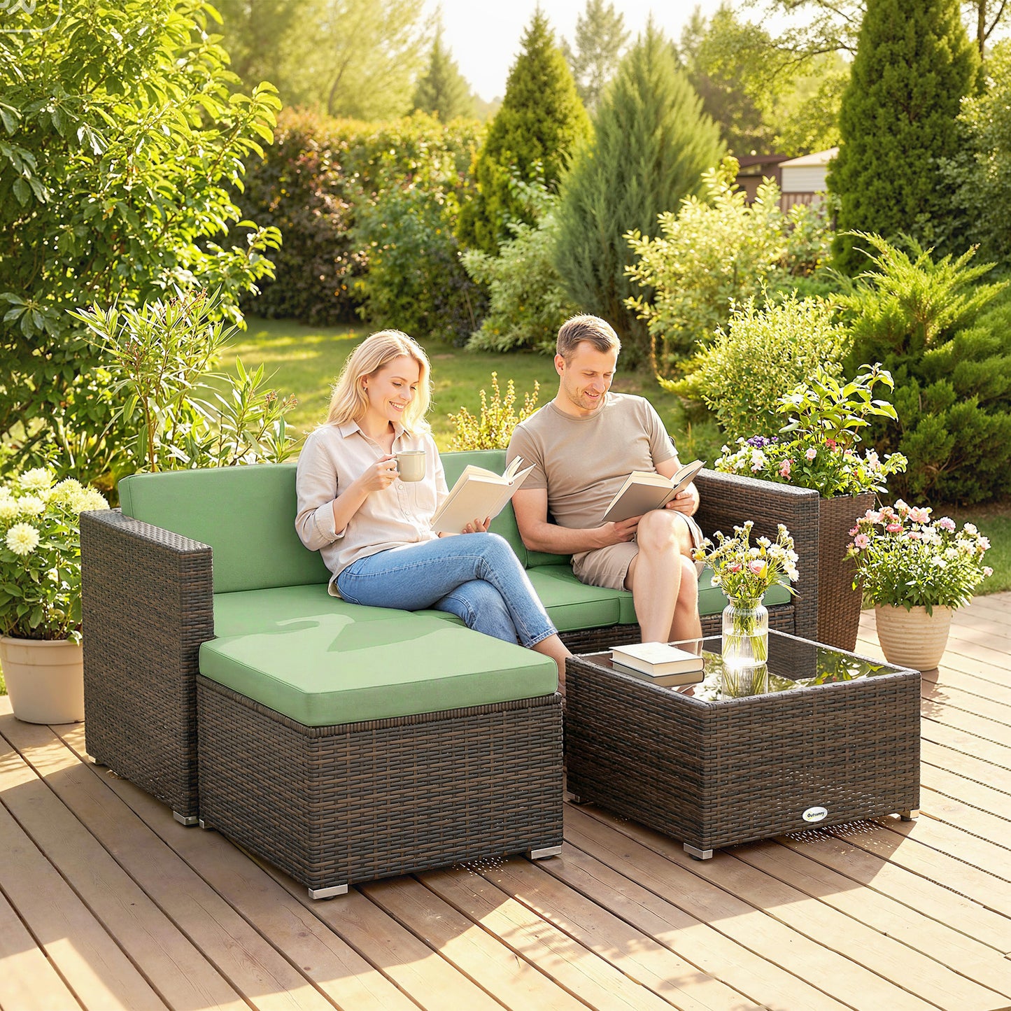 3 Pieces Patio Furniture Set with Cushions, Outdoor PE Rattan Wicker Conversation Corner Sofa Set, Light Green