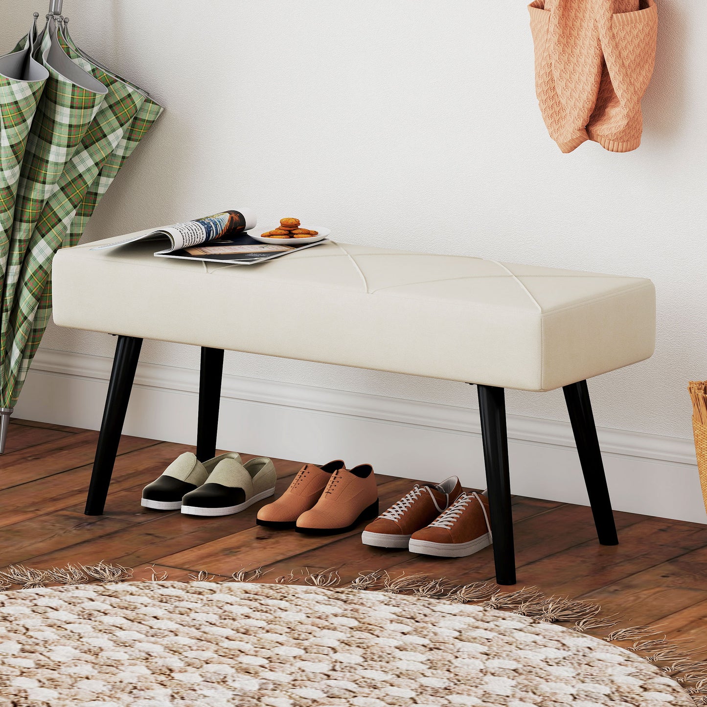 39 Inches Upholstered Bedroom Bench, Modern End of Bed Bench with Steel Legs, Cream White