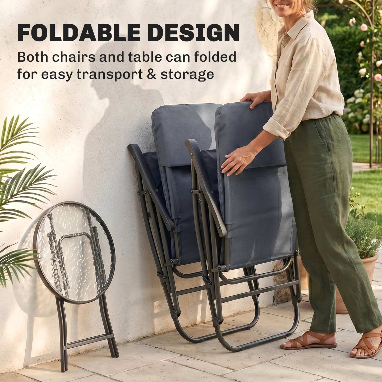 3pc Patio Foldable Rocking Chair Set, Outdoor Rocking Chairs and Table Bistro Set w/ Padded Seat, Headrest, Backrest for park, backyard, garden, Blue