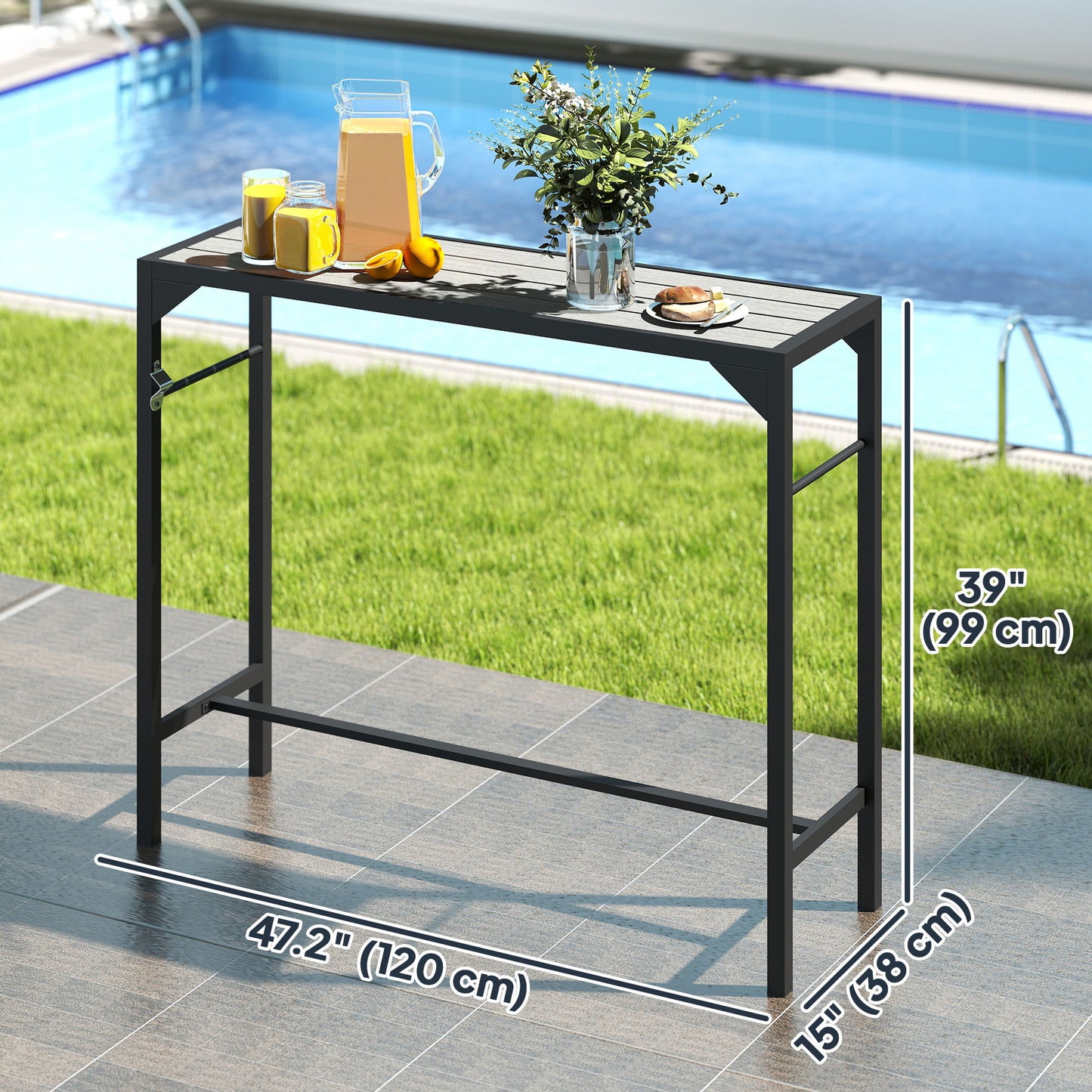 Bar Height Outdoor Table with Built-In Bottle Opener, Patio Bar Table with Wood Grain Plastic Top, 47.2" x 15" x 39"