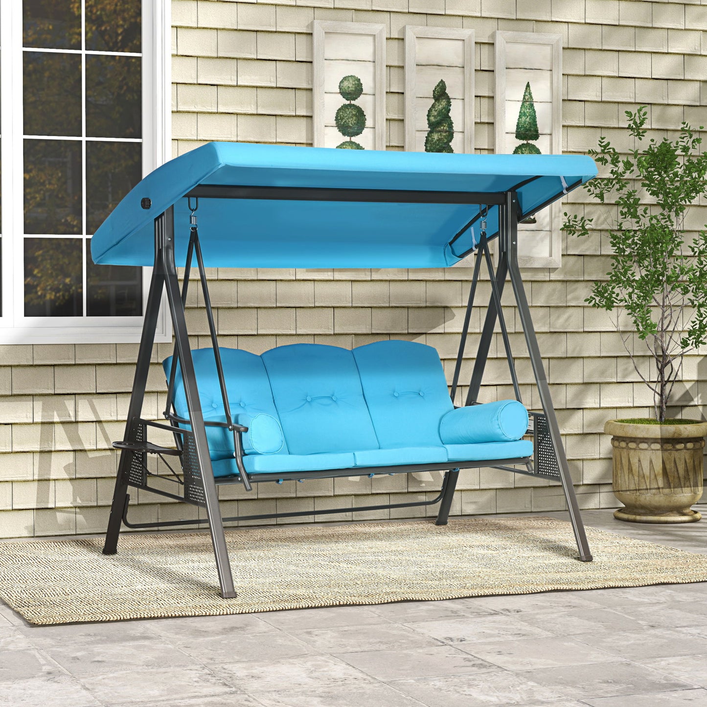 Outdoor Patio 3-Person Steel Canopy Cushioned Seat Bench Swing with Included Side Trays & Padded Comfort, Light Blue