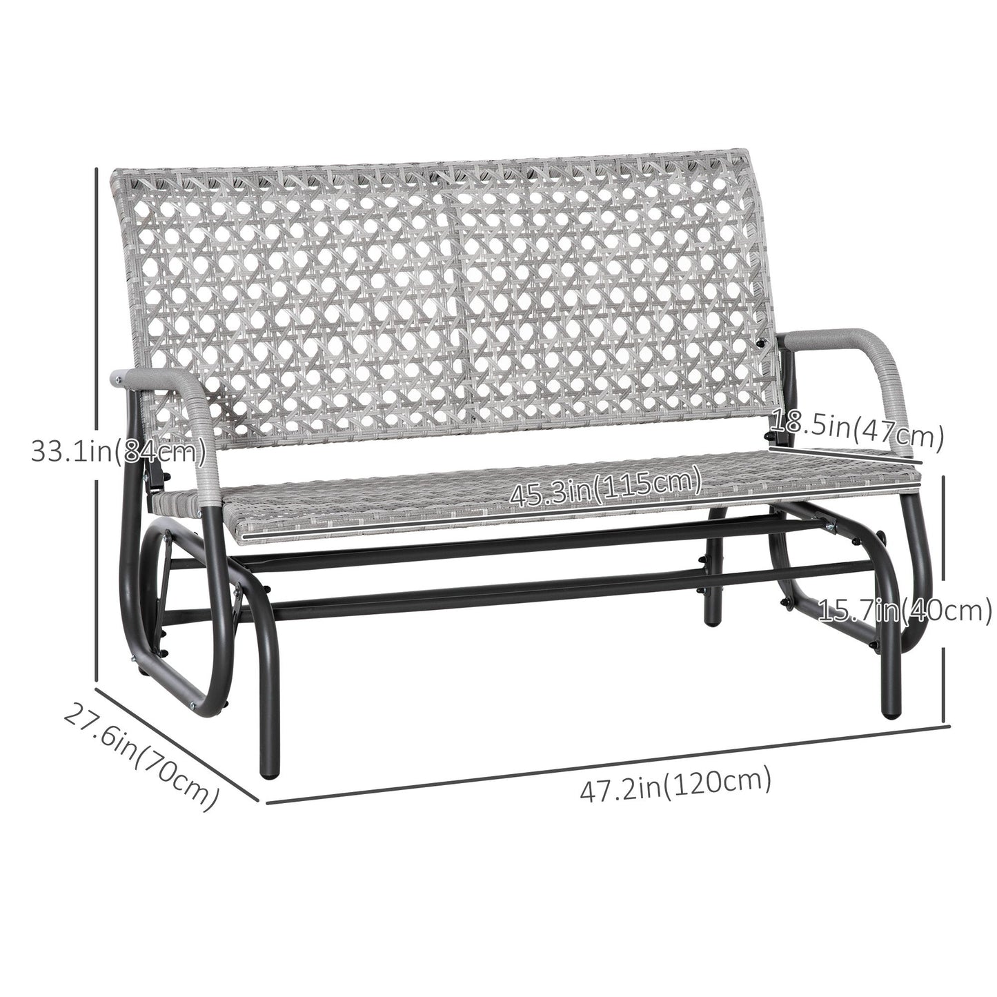 2 Seater Wicker Outdoor Glider Bench, Patio Swing Garden Bench, Garden Loveseat Rocking Chair, w/ Extra Wide Seat, Curved Backrest for Backyard, Poolside, Lawn, Mixed Grey