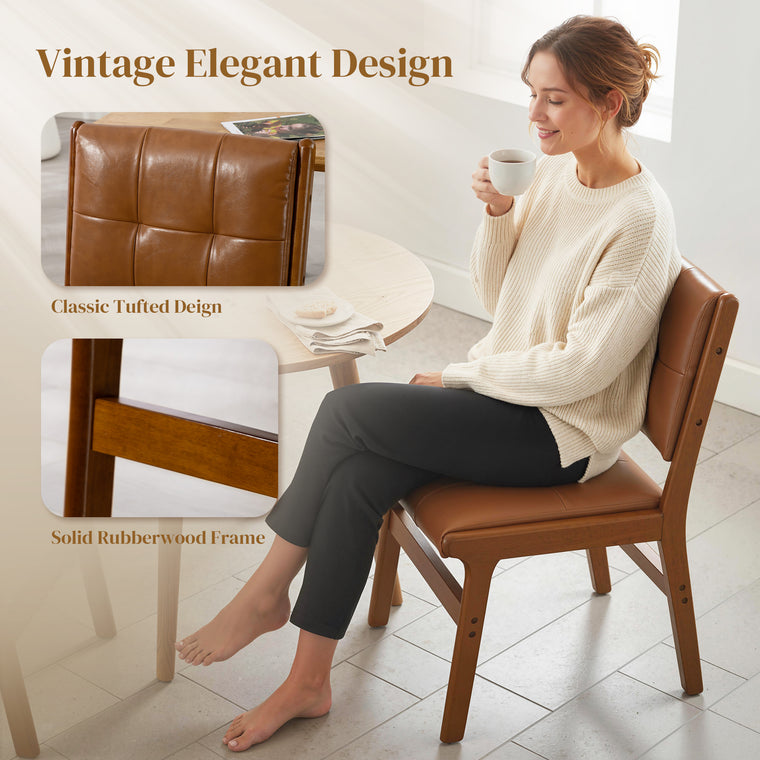 Tufted PU Leather Dining Chairs Set of 2 - Brown