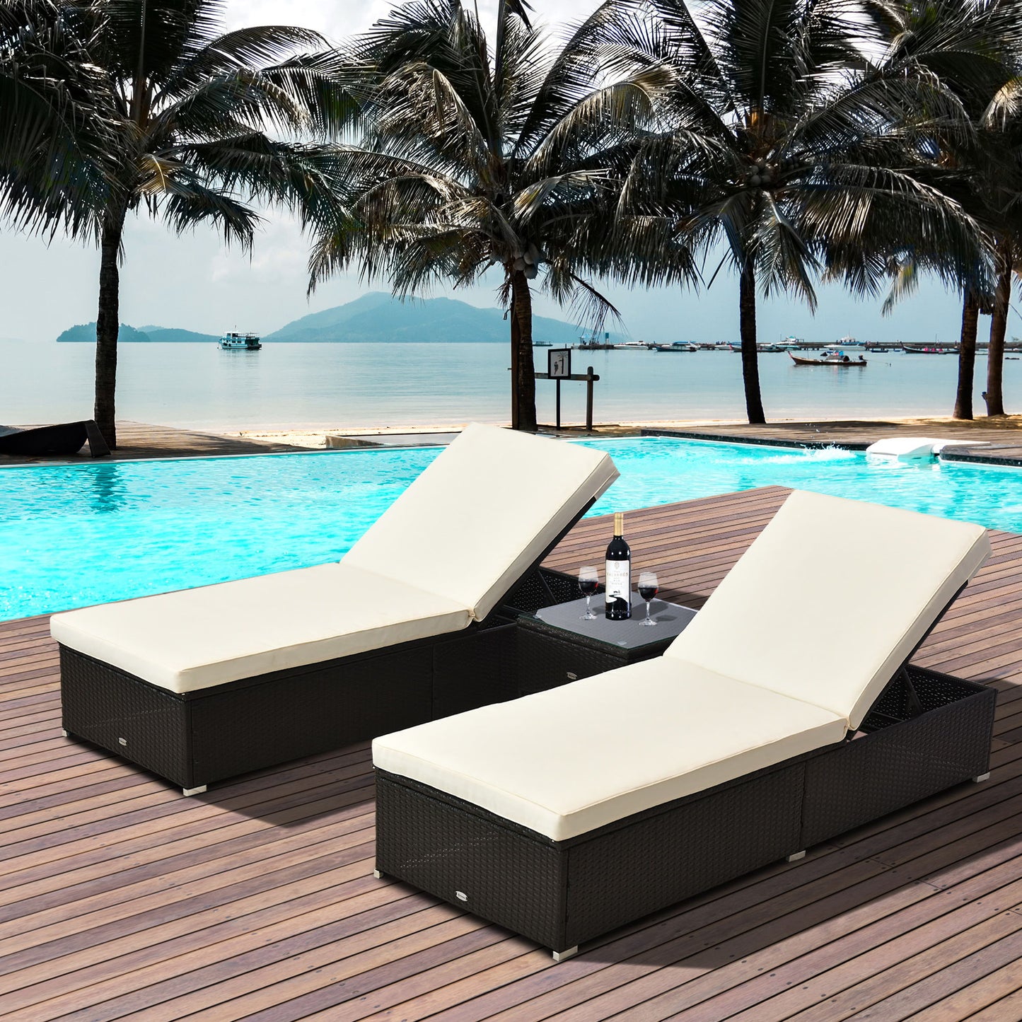 3pc Rattan Lounge Chair Set with Side Table Outdoor Patio Synthetic Rattan Wicker Sun Bed Set with Cushion