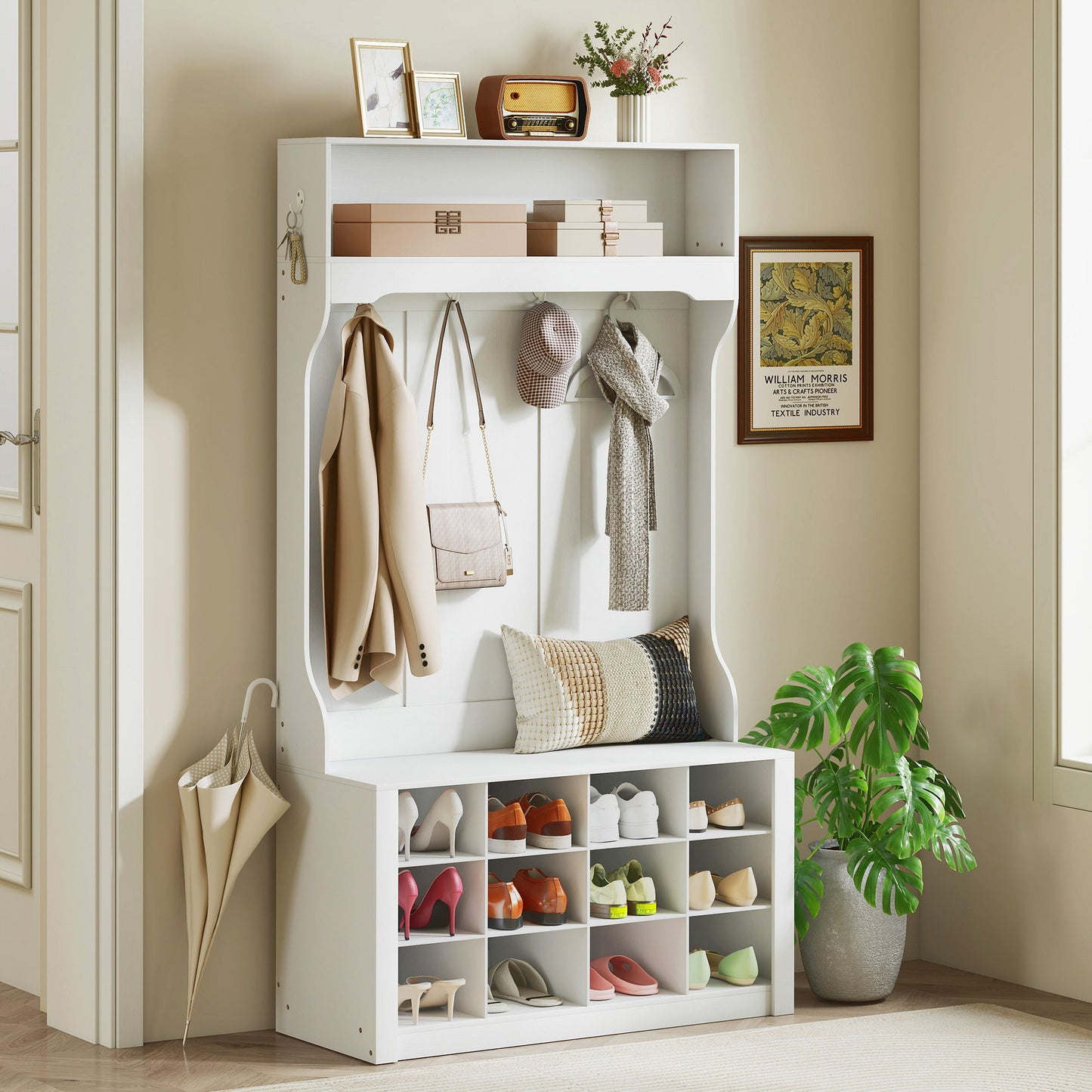 4-In-1 Hall Tree with Bench and Shoe Storage, Farmhouse Coat Rack Shoe Bench with 12 Shoe Cubbies, 6 Hooks, White