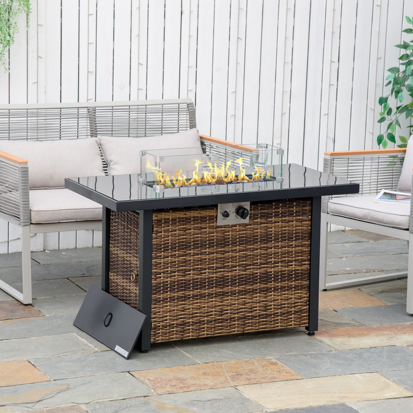 Outdoor Propane Gas Fire Pit Table, 50,000 BTU Electric Ignition Gas Firepit with Glass Cover, Black Glass Tabletop and CSA Certification, Brown