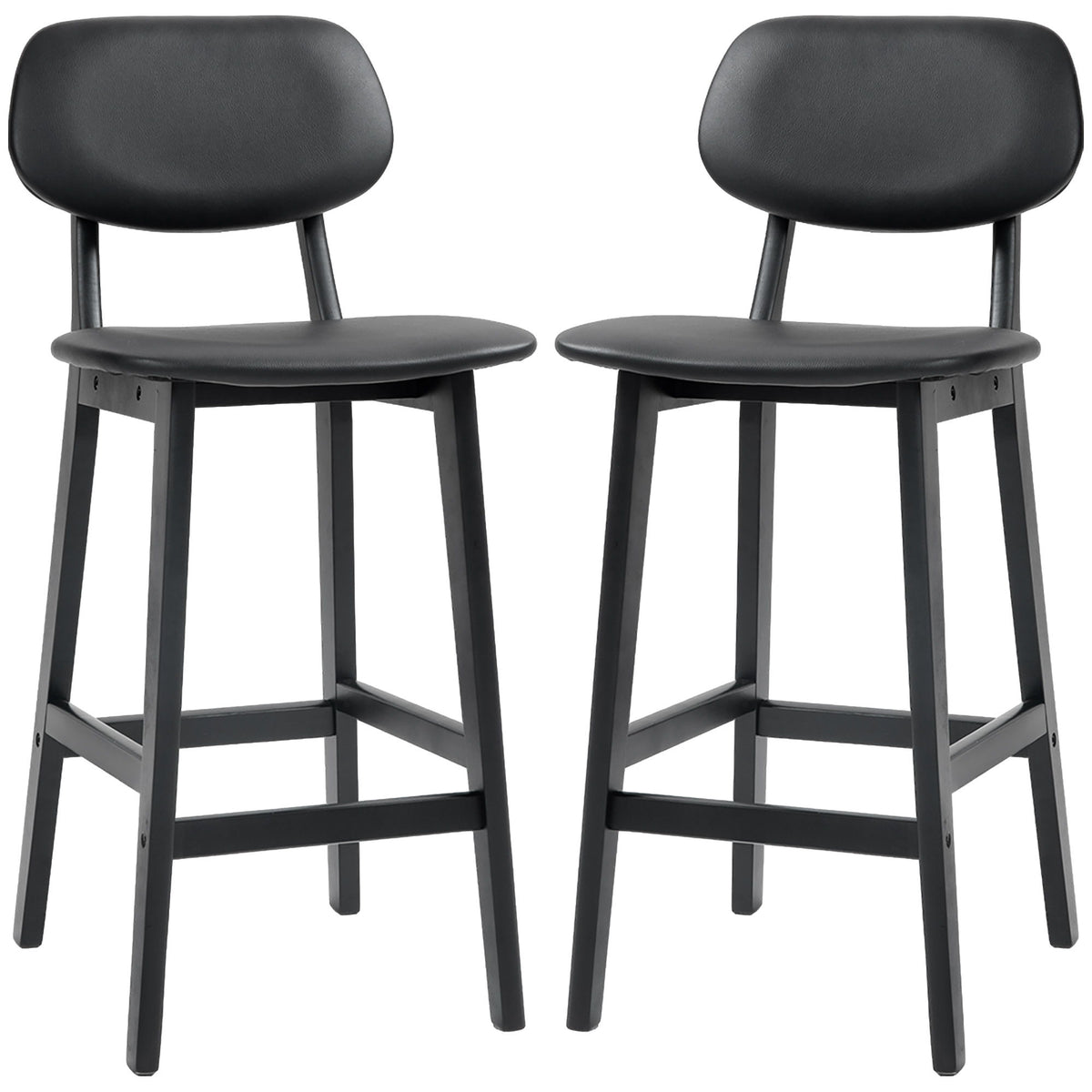 Bar Stools Set of 2, PU Leather Counter Height Barstools, Bar Chairs with Footrest and Solid Wood Legs, Black