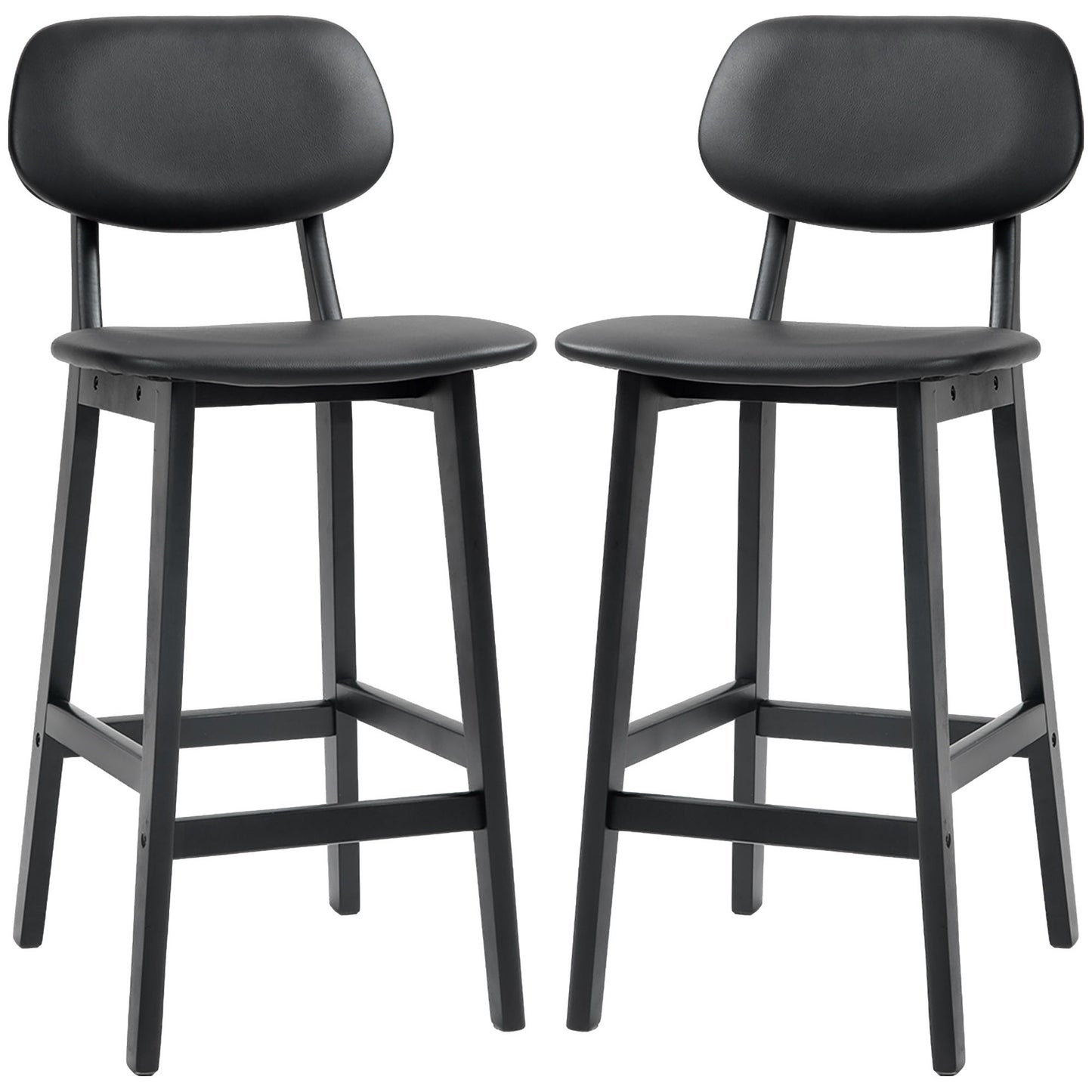 Bar Stools Set of 2, PU Leather Counter Height Barstools, Bar Chairs with Footrest and Solid Wood Legs, Black