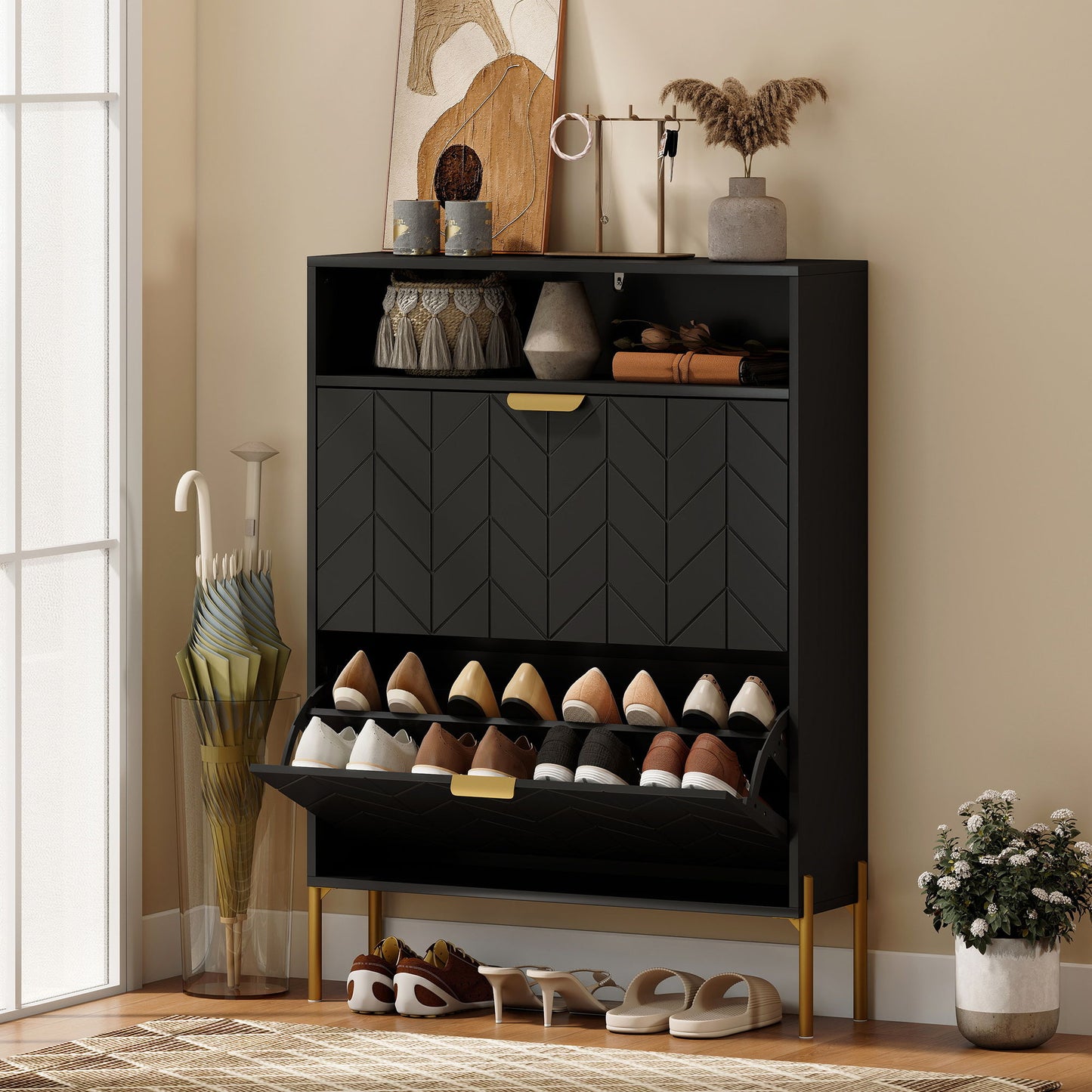Shoe Cabinet with 2 Flip Drawers, Modern Narrow Shoe Storage Cabinet with Open Compartment, Adjustable Shelves, Black