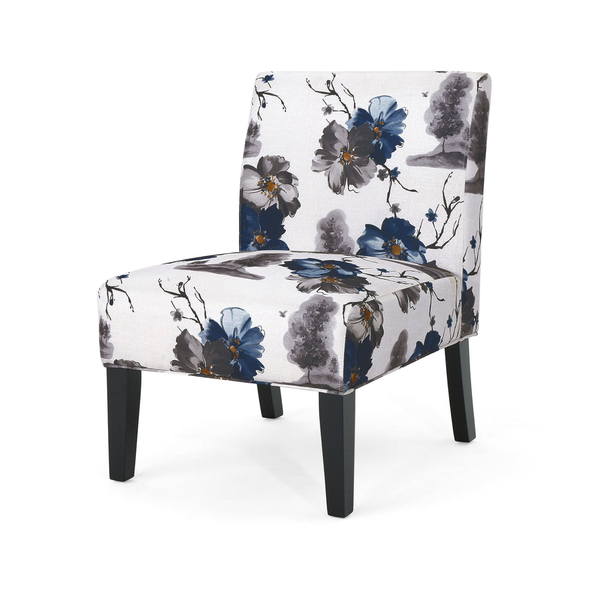 Contemporary Accent Chair with Rubberwood Tapered Legs, Upholstered Seating for Dining Room, 22.5'' L x 29.5'' W x 32'' H, Blue+Multi