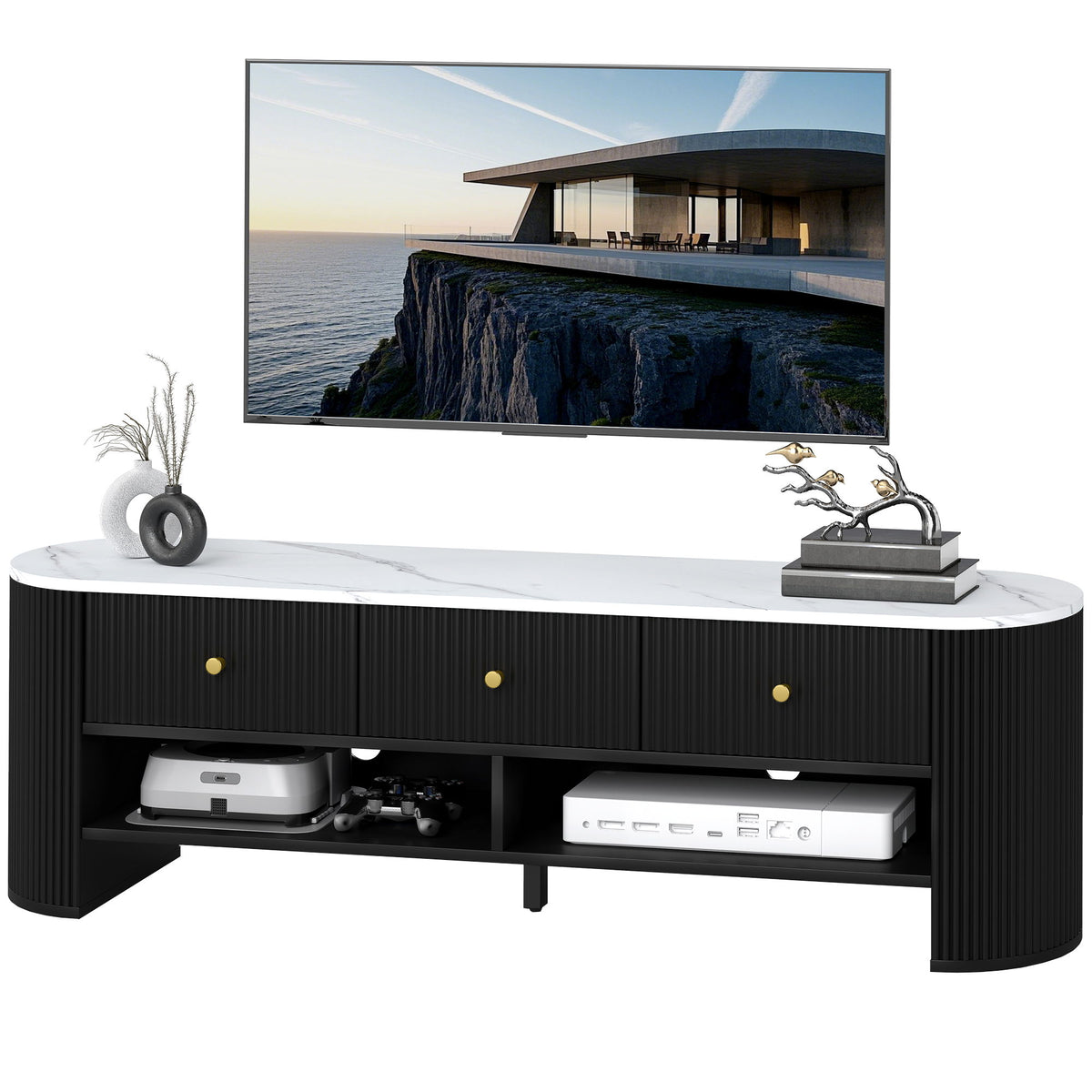 TV Stand, Modern TV Table with Marble-Effect Top, 3 Drawers and 2 Open Shelves for 32-65 Inch Television, Black