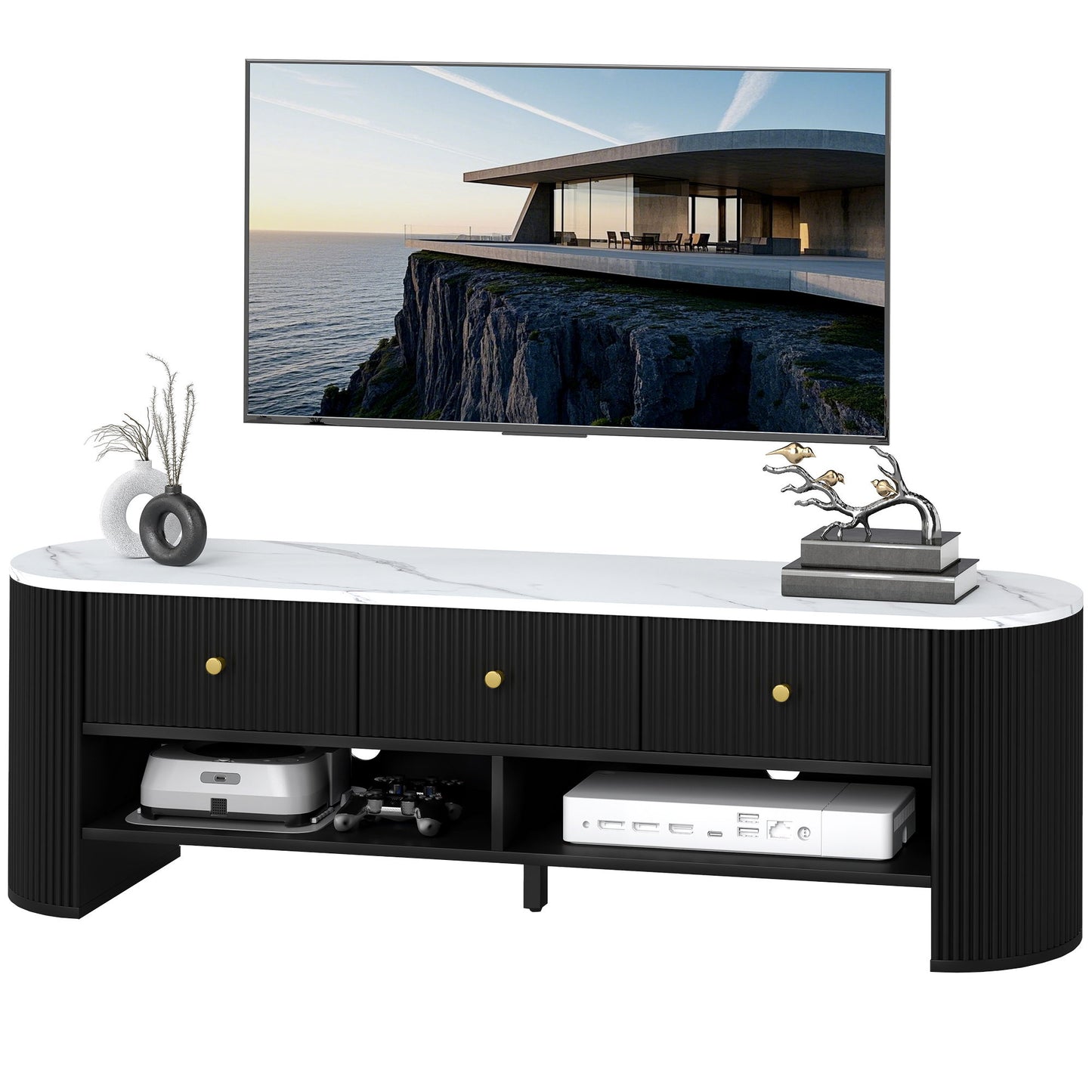 TV Stand, Modern TV Table with Marble-Effect Top, 3 Drawers and 2 Open Shelves for 32-65 Inch Television, Black