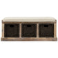 Rustic Storage Bench with 3 Rattan Baskets, No Assembly Required, Entryway Bench with Removable Cushion, 44" L x 16" W x 17" H, Natural