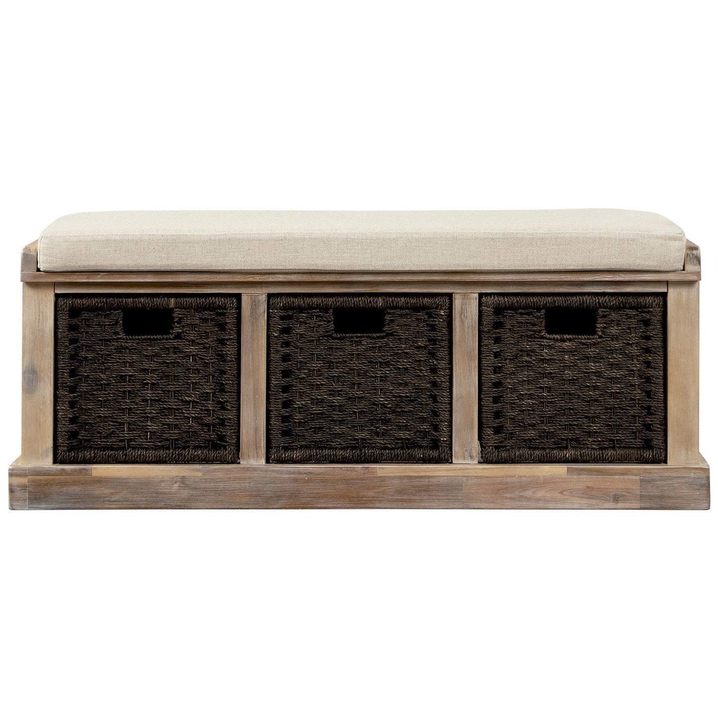 Rustic Storage Bench with 3 Rattan Baskets, No Assembly Required, Entryway Bench with Removable Cushion, 44" L x 16" W x 17" H, Natural
