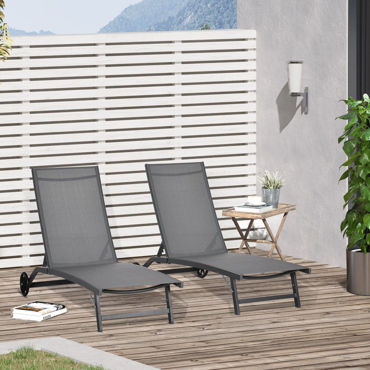 Outdoor Lounge Chair Set of 2, Tanning Chair with Wheels, Breathable Mesh for Patio, Backyard, Poolside, Dark Grey