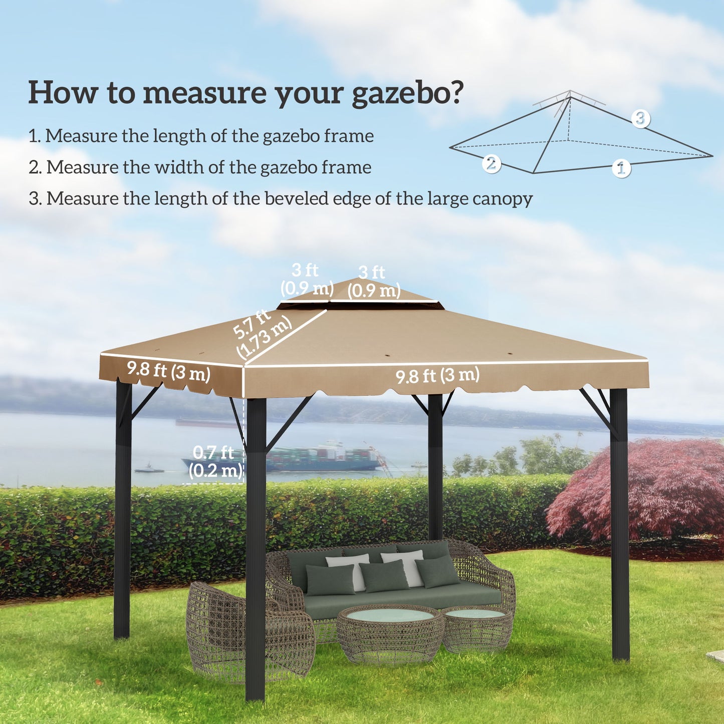10' x 10' Replacement Canopy, Gazebo Top Cover with Double Vented Roof for Garden Patio (TOP ONLY), Khaki