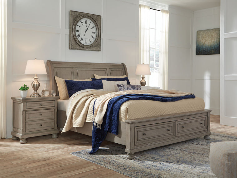 Lettner - Queen Sleigh Bed With 2 Storage Drawers - Light Gray