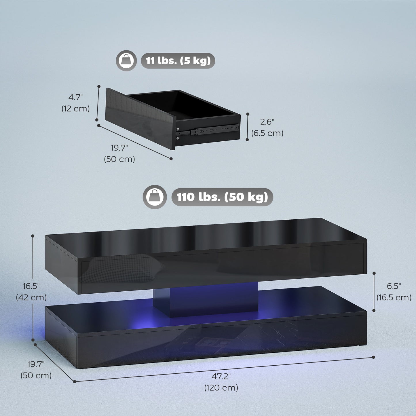 Coffee Table with Adjustable LED Lights, Modern Living Room Table with 2 Drawers, Open Shelf, Remote, High Gloss Black
