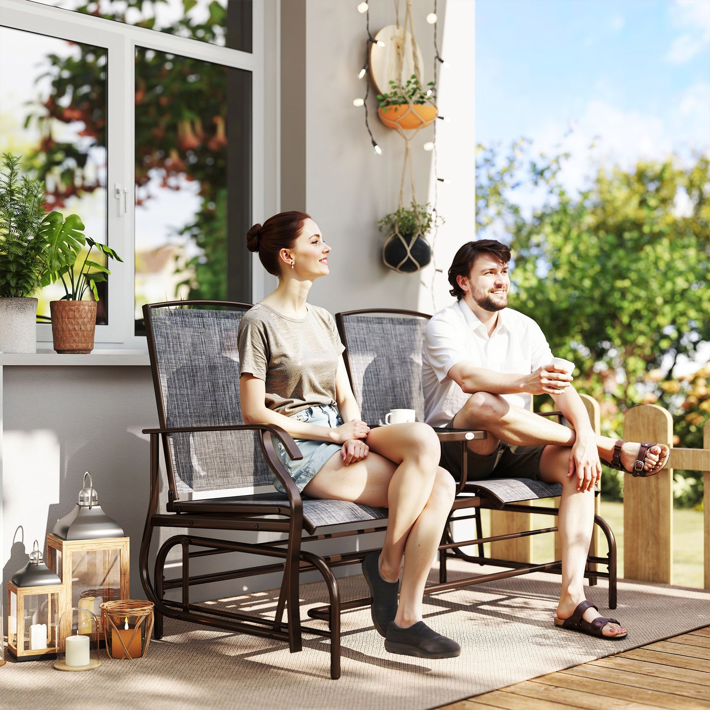 Patio Glider Rocking Chair 2 Person Outdoor Loveseat Rocker Garden Furniture Bench, Grey