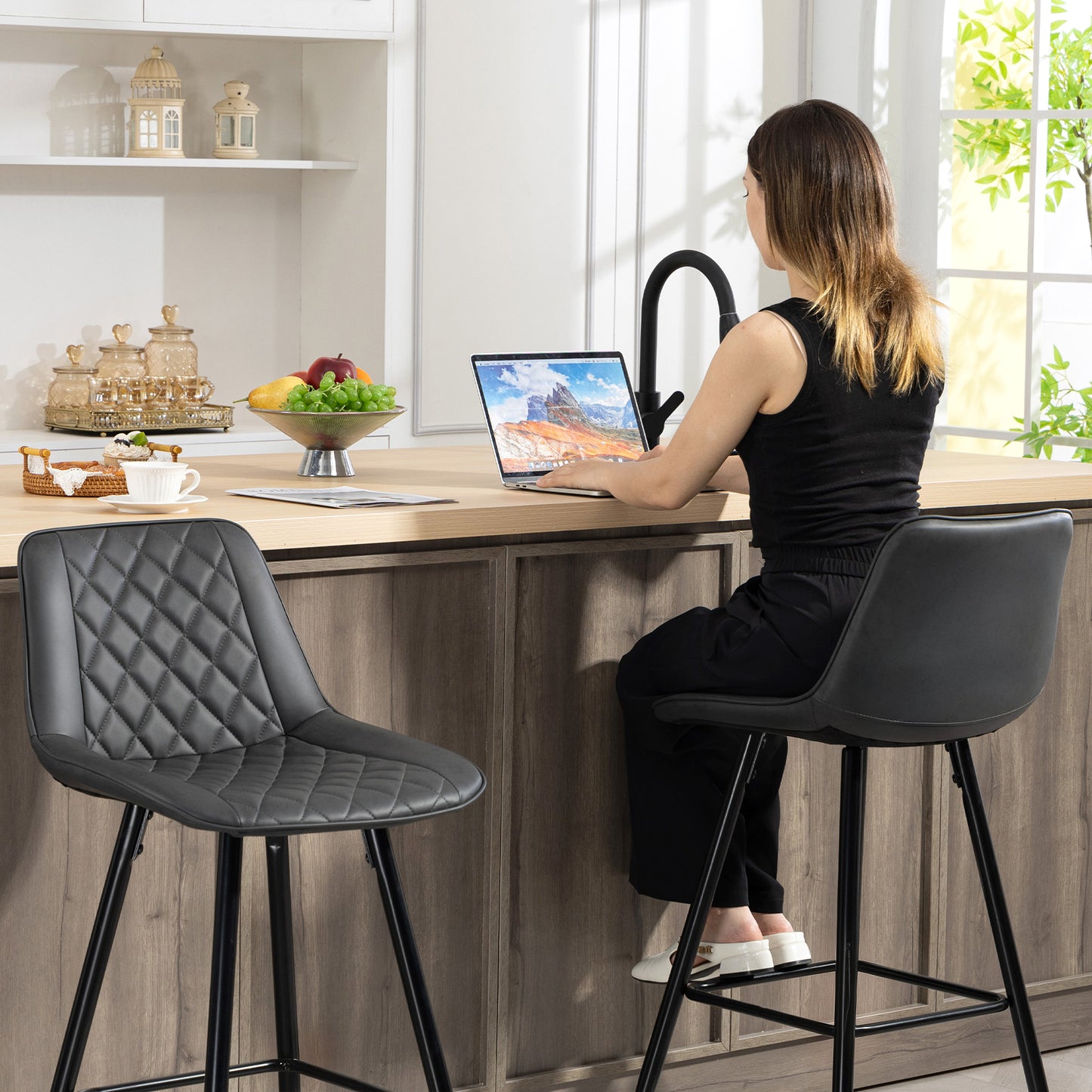 PU Leather Counter Height Bar Chairs Set of 2, 27.75" Bar Stools with Metal Legs for Dining Area, Kitchen Island, Black