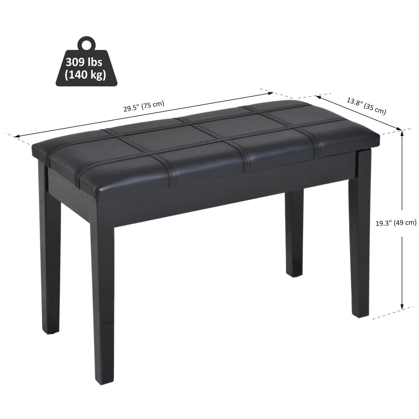 Classic Piano Bench Stool, PU Leather Padded Keyboard Seat with Rubber Wood Legs and Music Storage Compartment, Banded Seat, Black