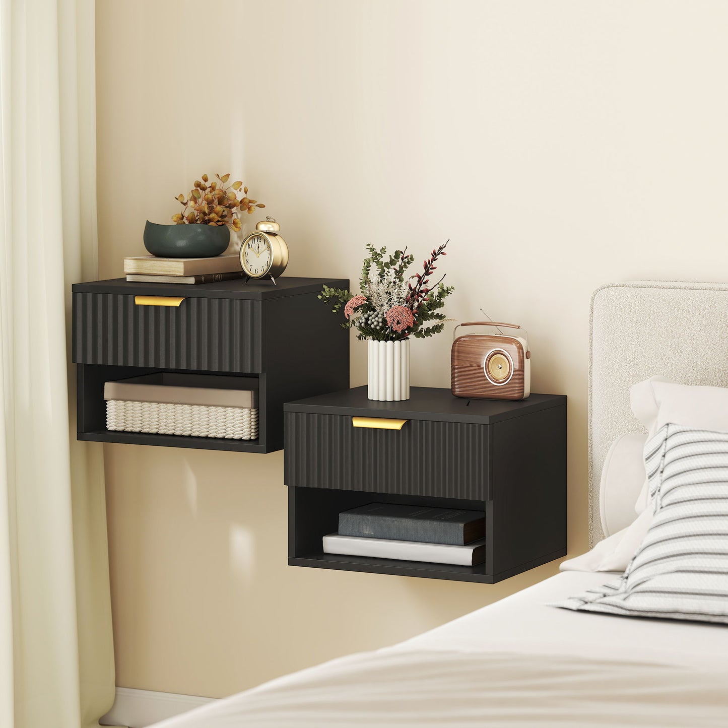 Floating Nightstands, Wall Mounted Bedside Tables Set of 2 with Drawer and Open Shelf, Black