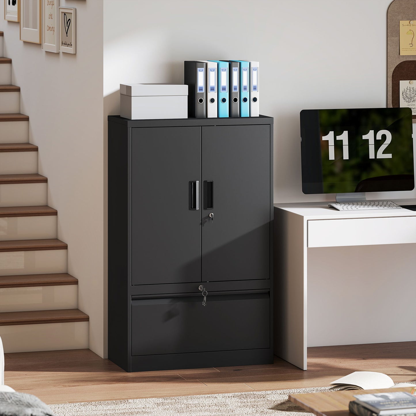 Lateral Filing Cabinet, Metal Storage Cabinet, Garage Cabinet with Double Locks, Adjustable Shelf and File Drawer, Black