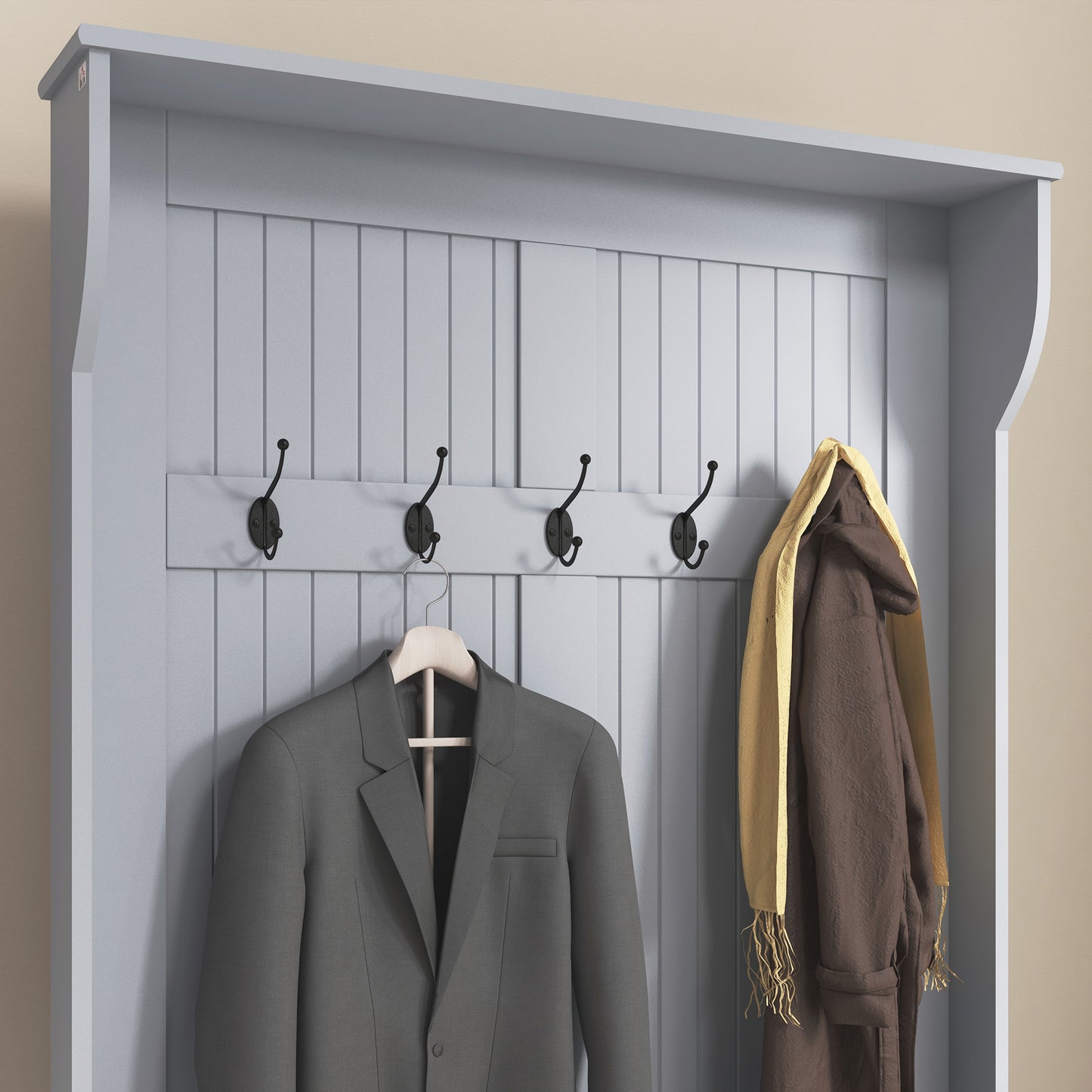 4-In-1 Hall Tree with Coat Rack, Top Shelf, Shoe Storage and Bench Seat, Entryway Bench with 5 Hooks, Grey