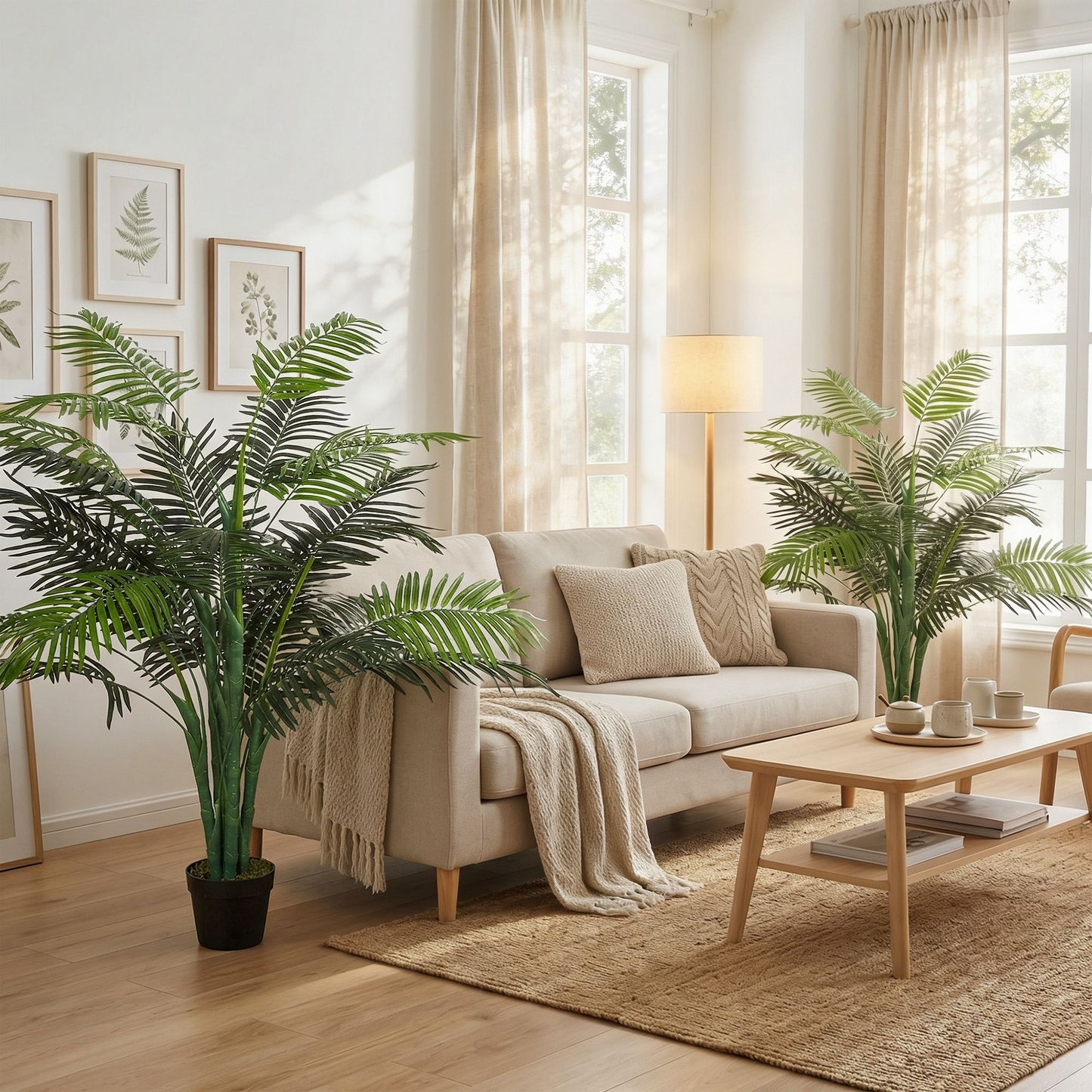 4FT Artificial Palm Tree Set of 2, Fake Tropical Tree with Lifelike Leaves, Faux Plant in Pot for Indoor Decoration, Green